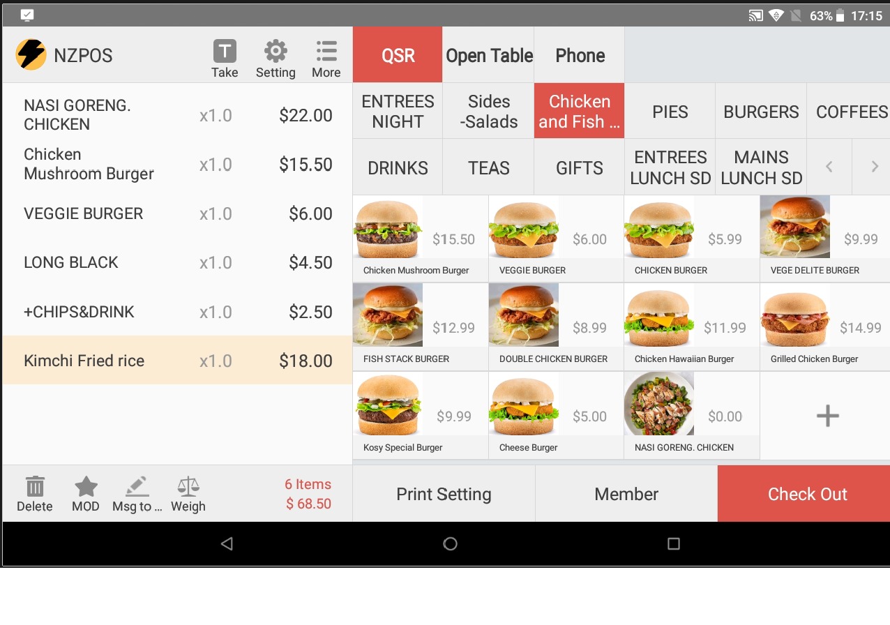 The NZPOS Droid order screen, showing menu categories, item buttons with photos, the current order with quantities and prices, and a running total.